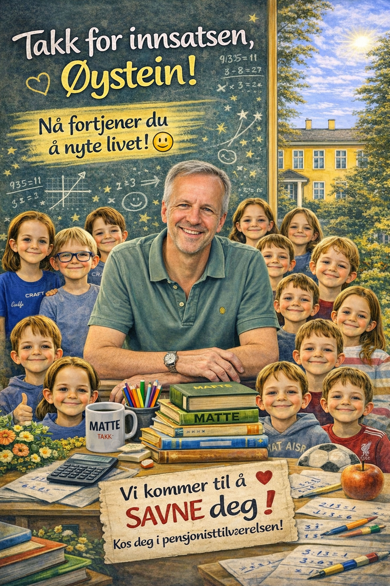 En person som sitter ved et bord med en bok og en gruppe barn