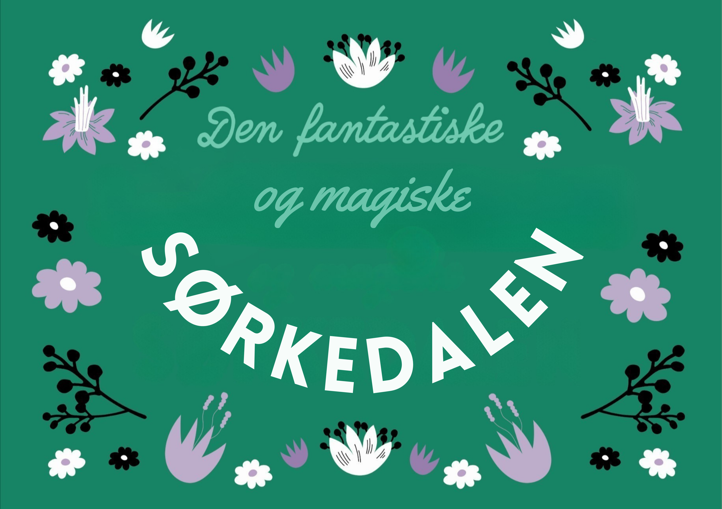 En grønn bakgrunn med hvite og lilla blomster og ord