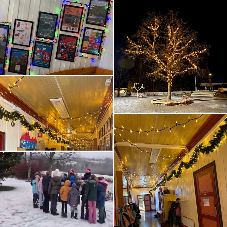 En gruppe mennesker som står utenfor en bygning med mange skilt på